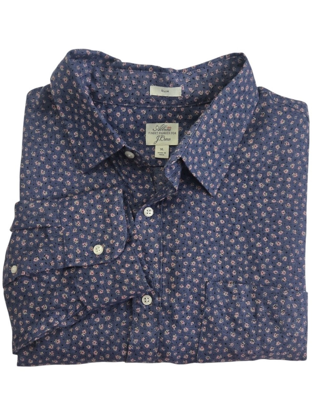 J.Crew Albini Linen Shirt Men's XL Slim Blue Pink Floral Long Sleeve Button Up